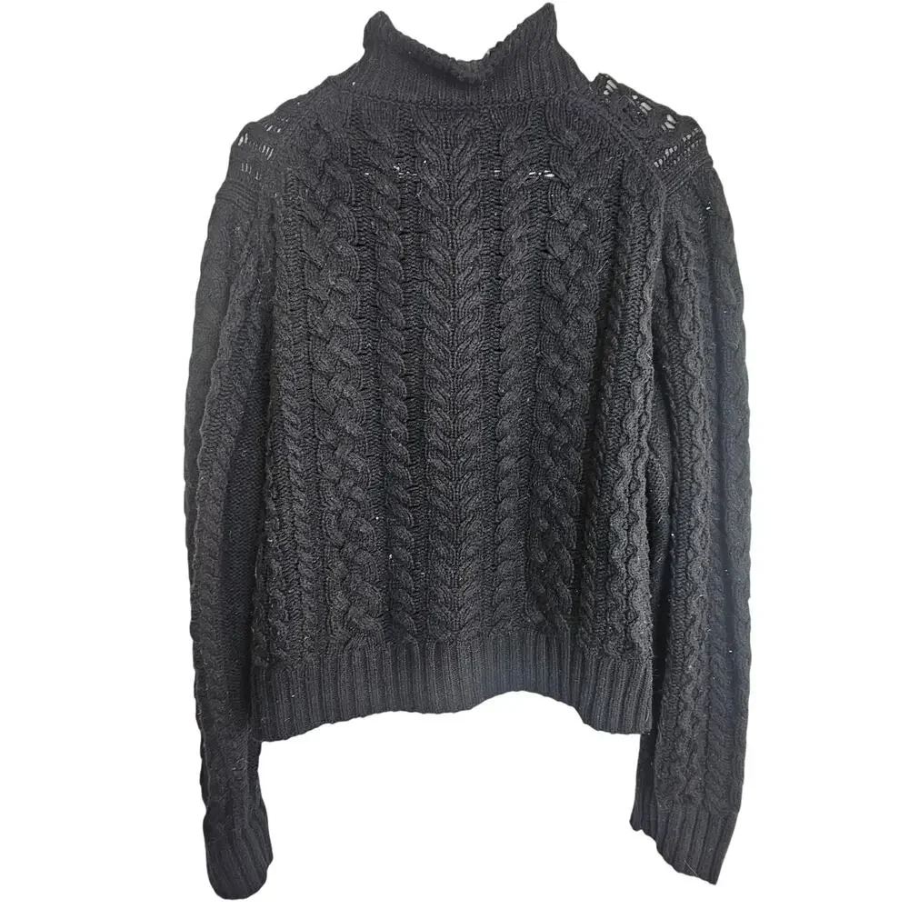 J. Crew Womens Cable Knit Ruffle Neck Cardigan Sweater Size L Lambswool Classic